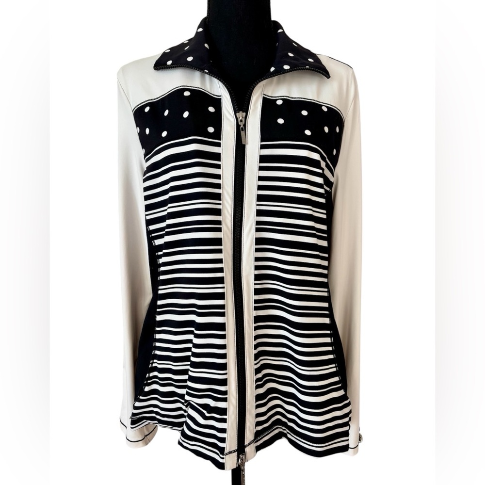 Bylyse Polka Dot Striped Black White Athletic Stretch Zip Jacket Golf Sporty LG